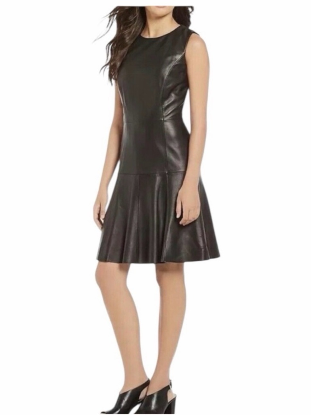 Sleeveless Black FINE LEATHER  Fit-and-Flare Dress